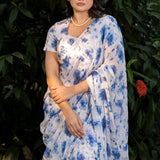 White Georgette Saree with Blue Floral Print - Anvi Couture