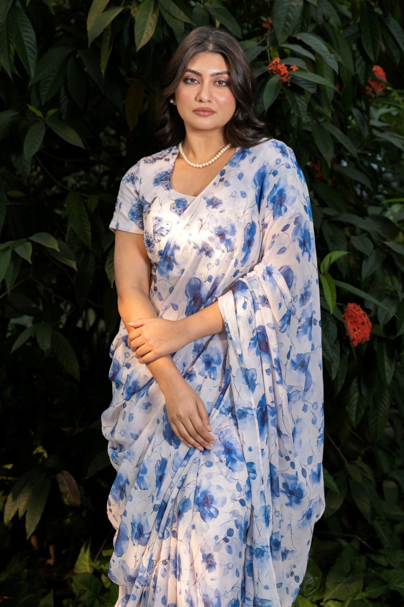 White Georgette Saree with Blue Floral Print - Anvi Couture