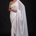 White Georgette Saree with Golden Lace Cutdana Border Full