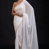 White Georgette Saree with Golden Lace Cutdana Border Full