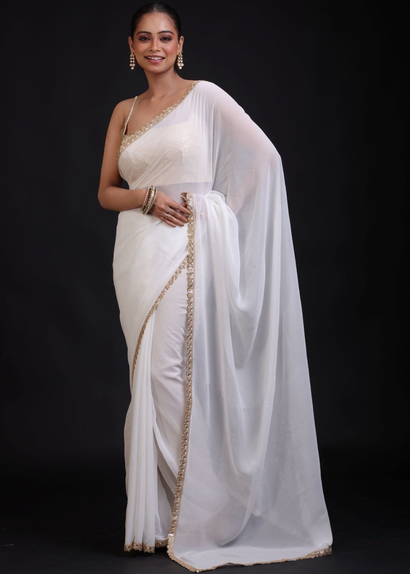 White Georgette Saree with Golden Lace Cutdana Border - Anvi Couture