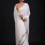 White Georgette Saree with Golden Lace Cutdana Border Front