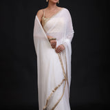 White Georgette Saree with Golden Lace Cutdana Border Front
