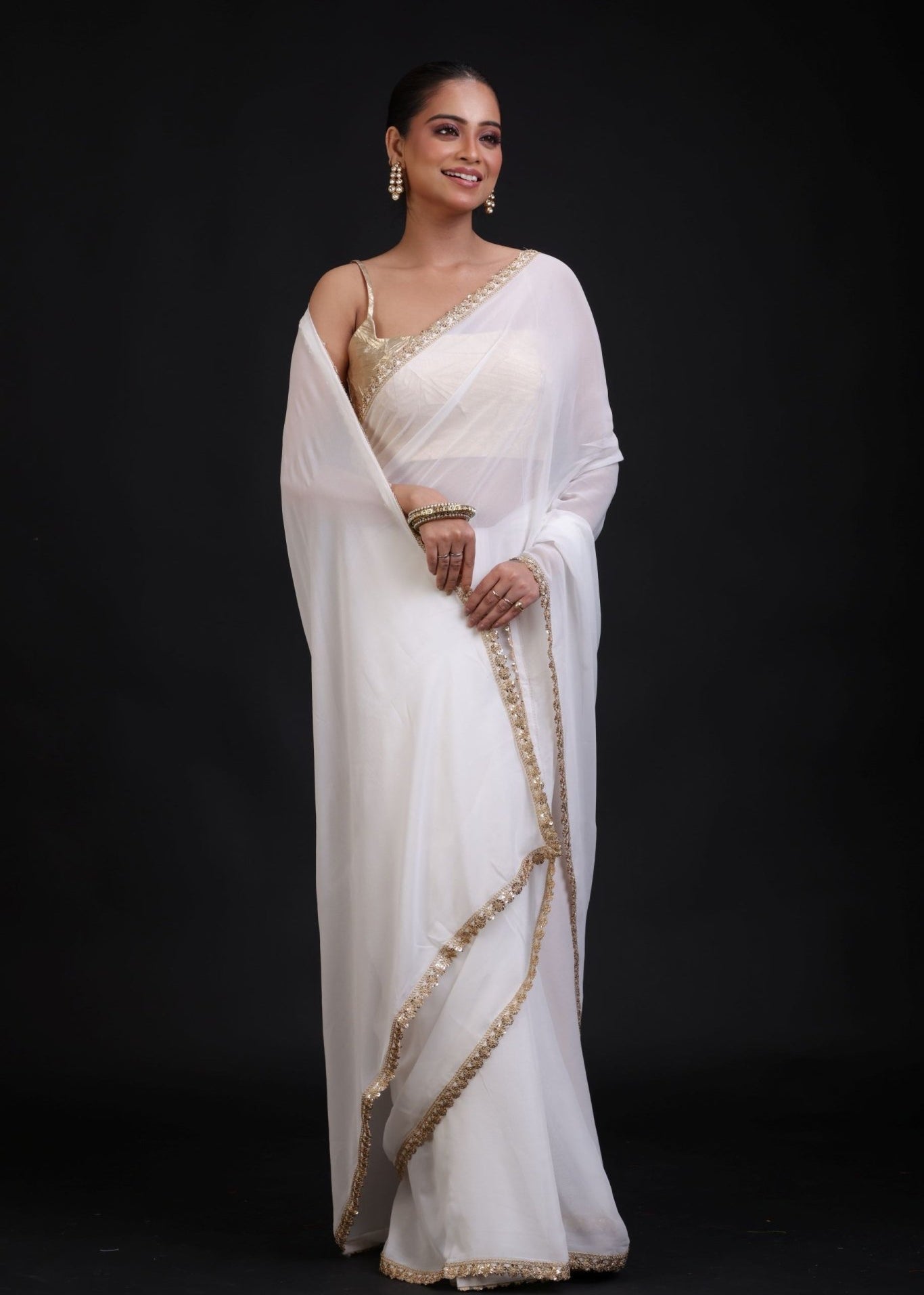 White Georgette Saree with Golden Lace Cutdana Border - Anvi Couture