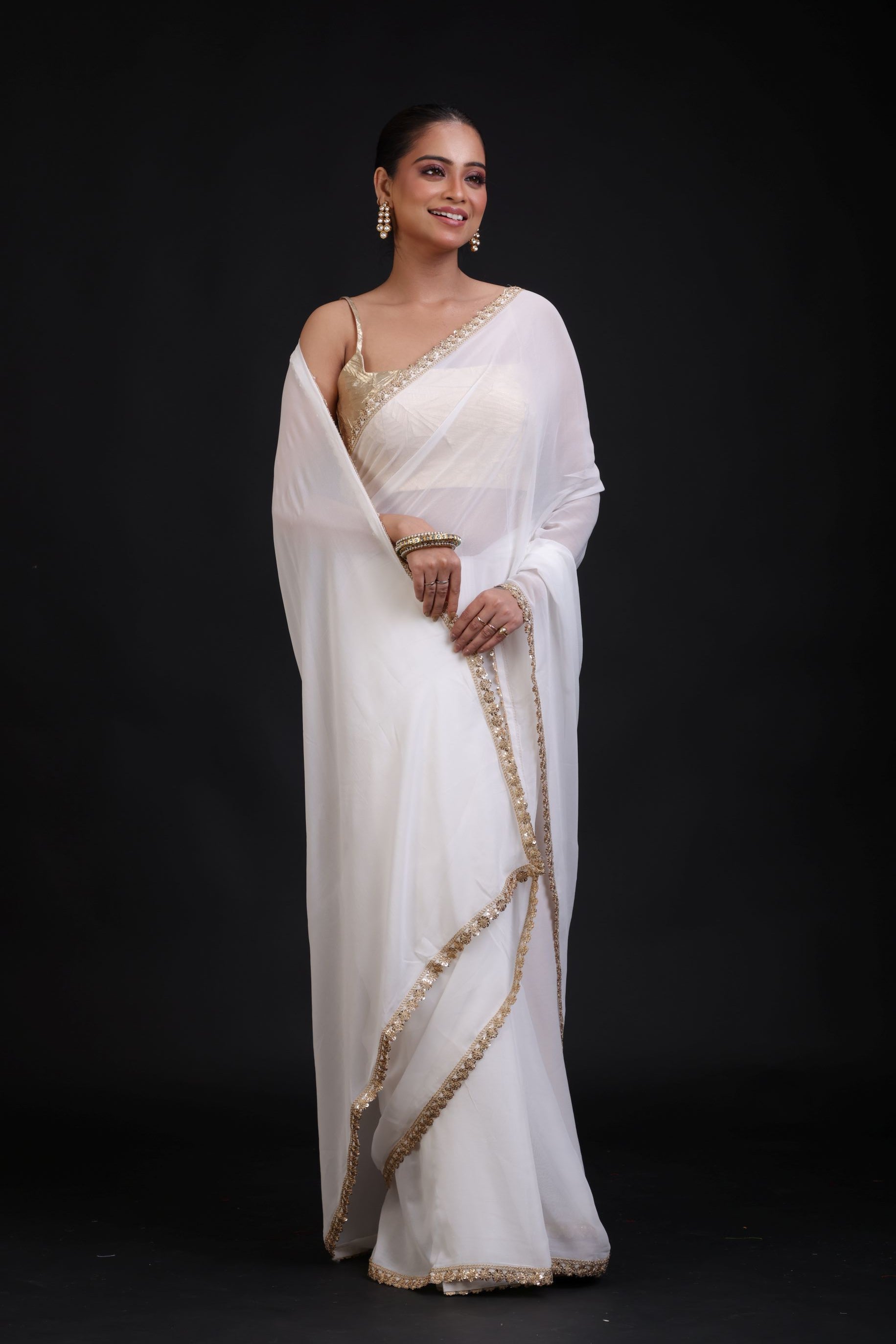 White Georgette Saree with Golden Lace Cutdana Border Front