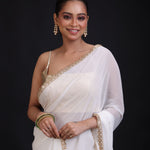 White Georgette Saree with Golden Lace Cutdana Border Close up