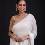 White Georgette Saree with Golden Lace Cutdana Border Close up
