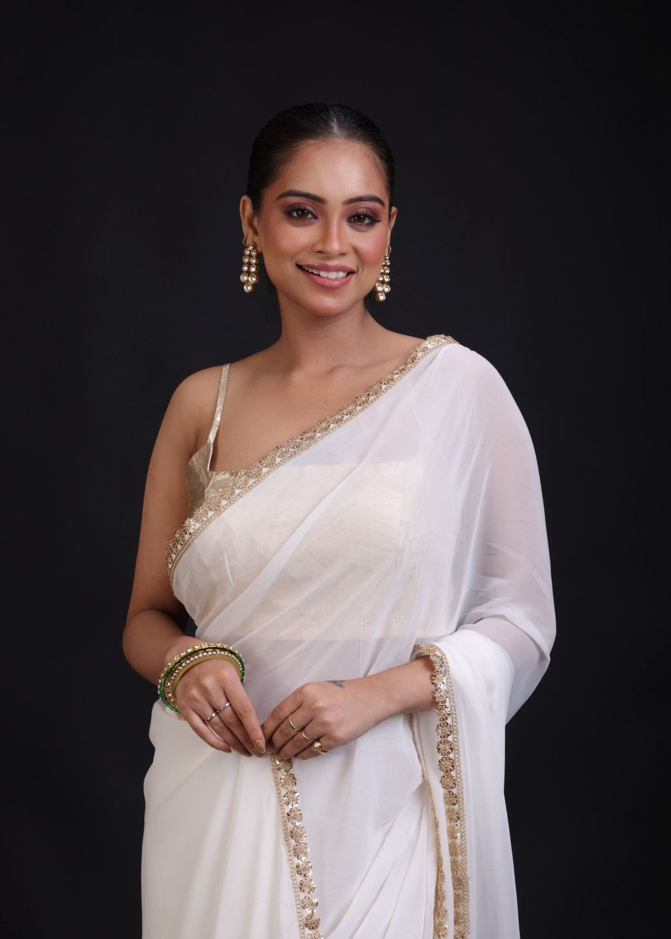 White Georgette Saree with Golden Lace Cutdana Border - Anvi Couture