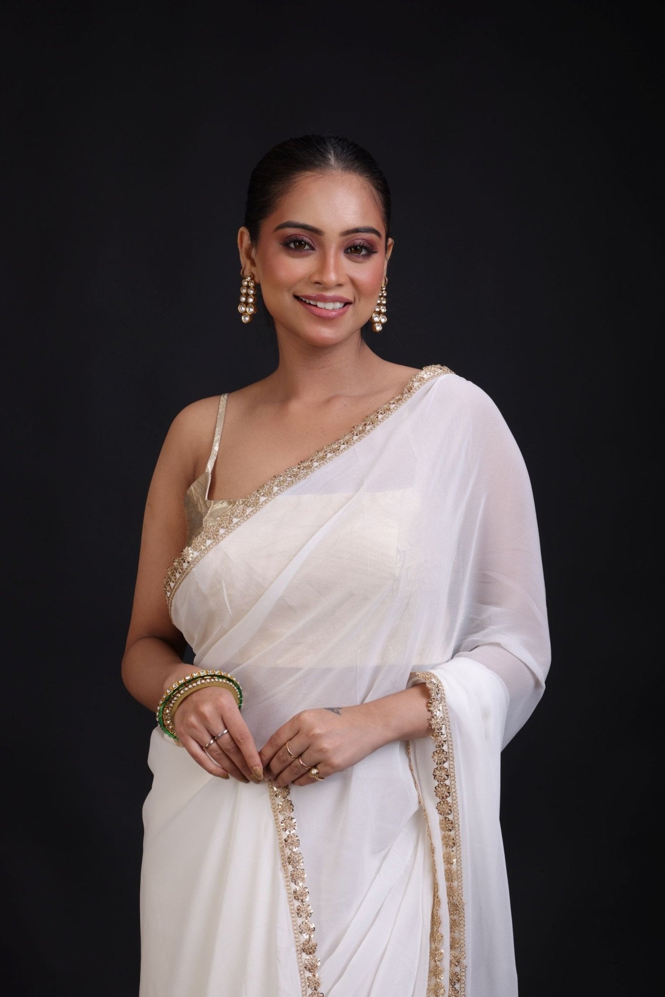 White Georgette Saree with Golden Lace Cutdana Border - Anvi Couture