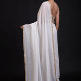 White Georgette Saree with Golden Lace Cutdana Border Back