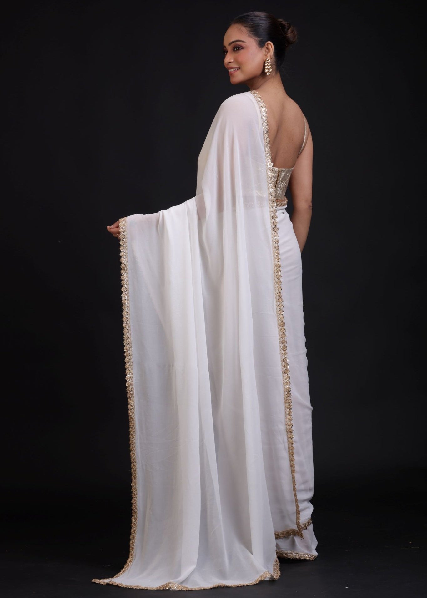 White Georgette Saree with Golden Lace Cutdana Border - Anvi Couture