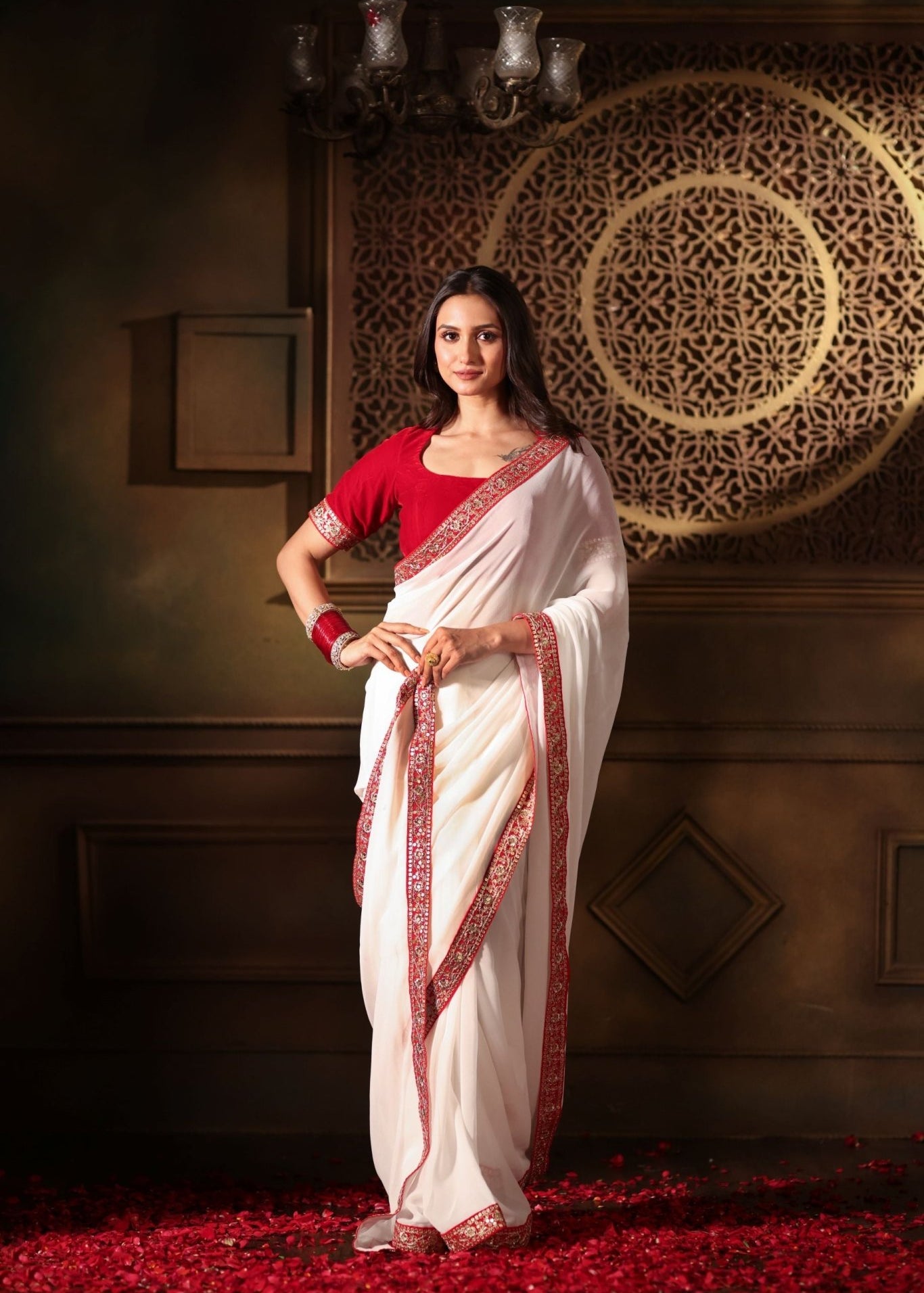 White Georgette saree with Red Embroidered Border - Anvi Couture