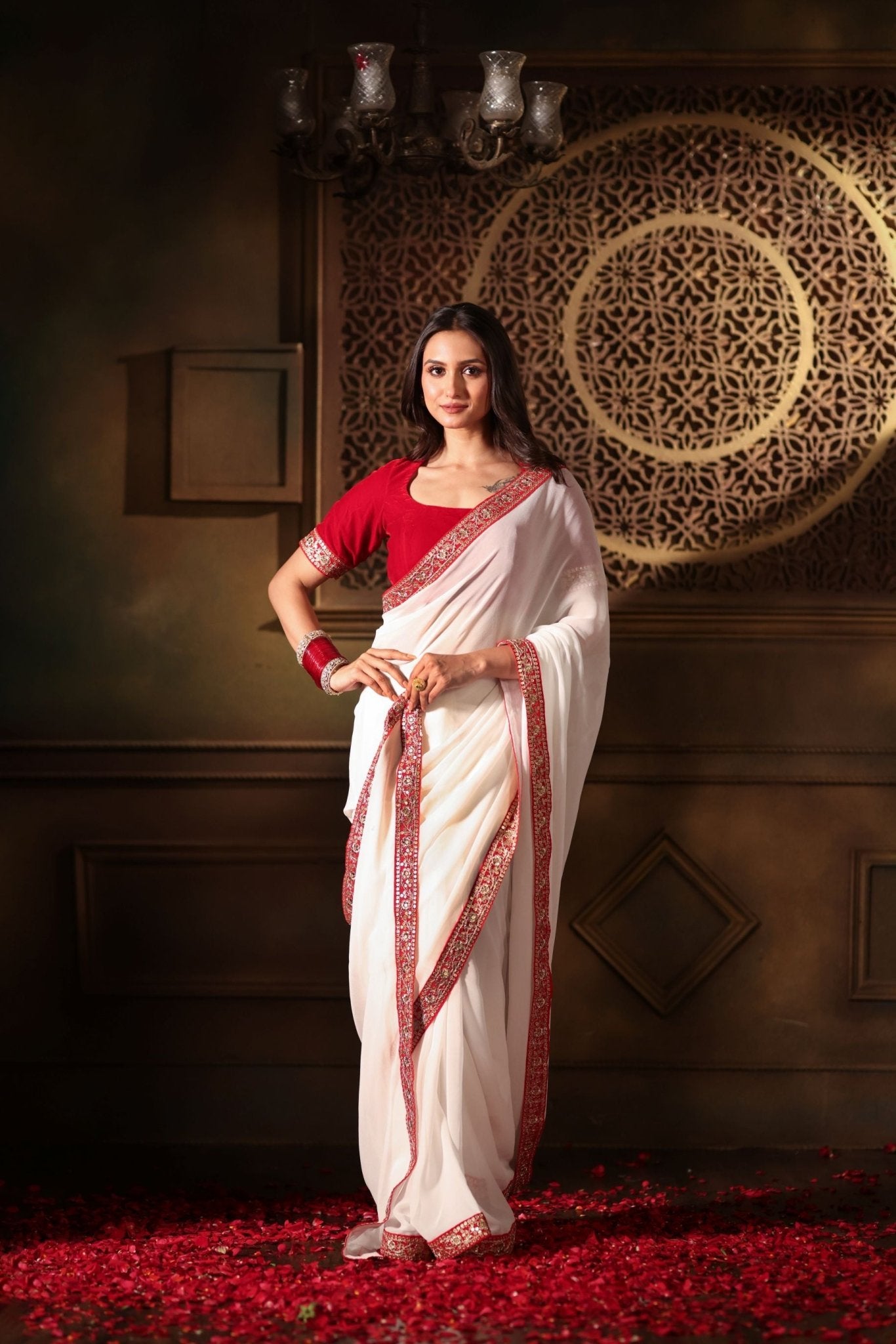 White Georgette saree with Red Embroidered Border - Anvi Couture