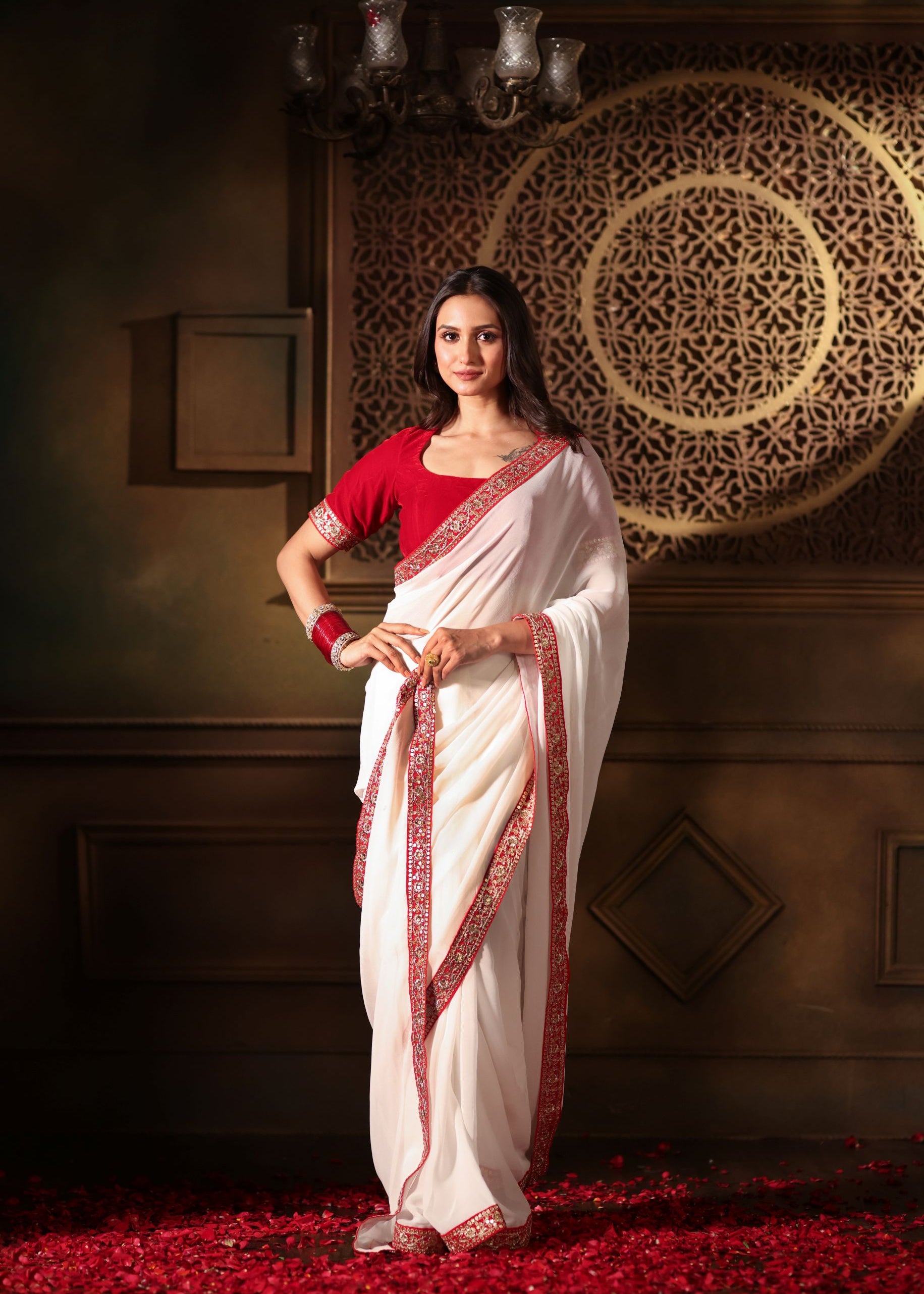 White Georgette saree with Red Embroidered Border Full
