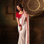White Georgette saree with Red Embroidered Border Front
