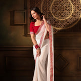 White Georgette saree with Red Embroidered Border Front
