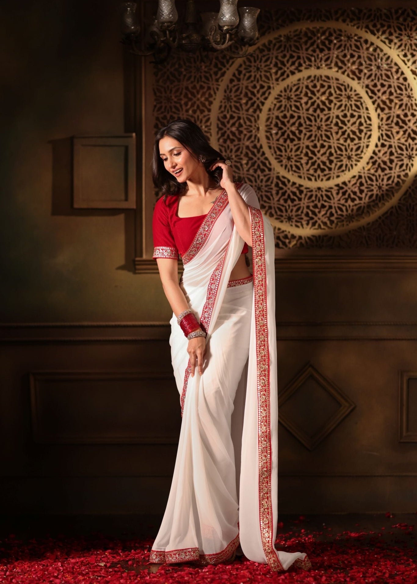 White Georgette saree with Red Embroidered Border - Anvi Couture