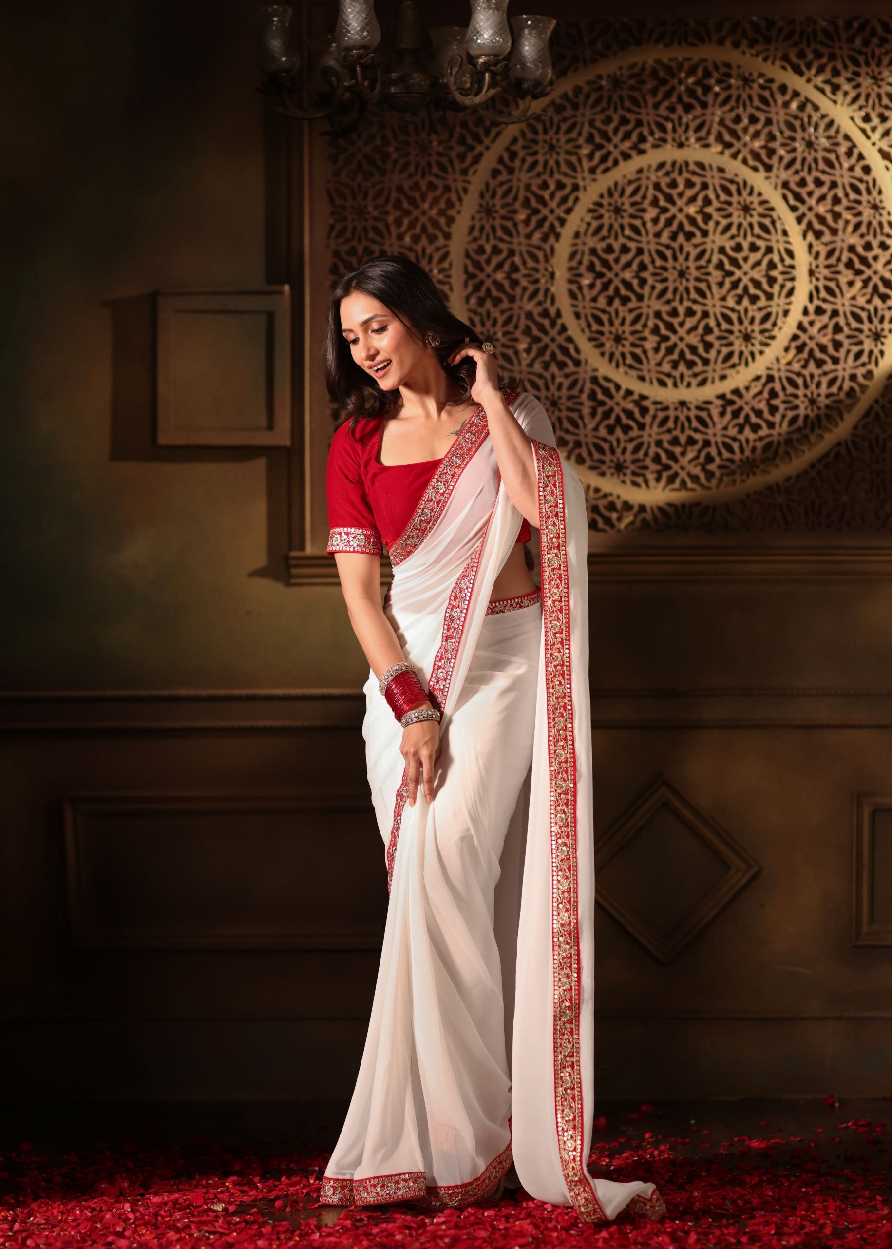 White Georgette saree with Red Embroidered Border Front
