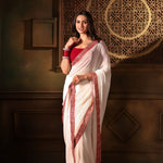 White Georgette saree with Red Embroidered Border Full Front
