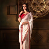 White Georgette saree with Red Embroidered Border Full Front
