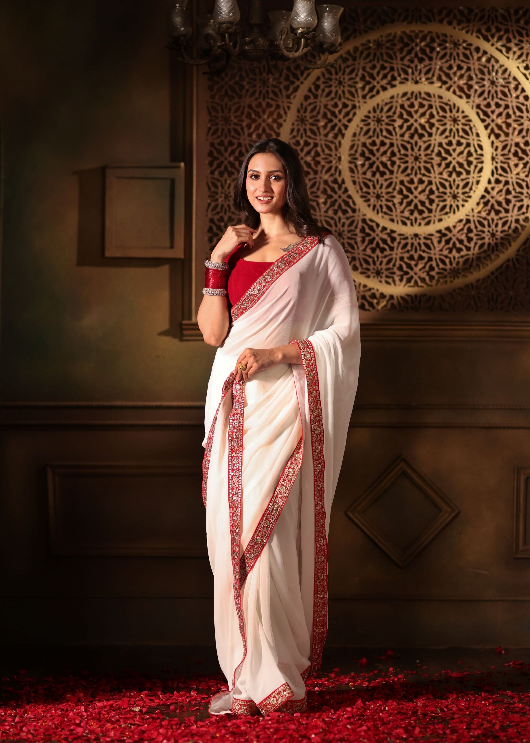 White Georgette saree with Red Embroidered Border Full Front
