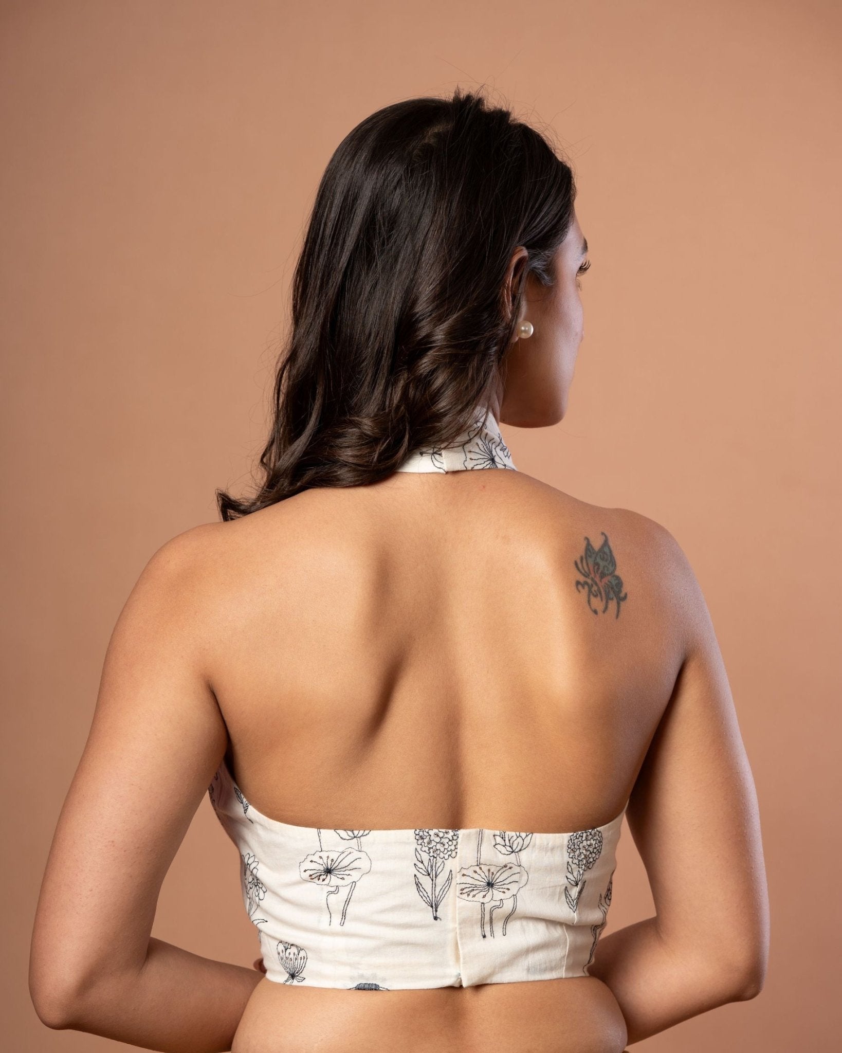 White Halter Neck Blouse with Black Floral Embroidered work - Anvi Couture