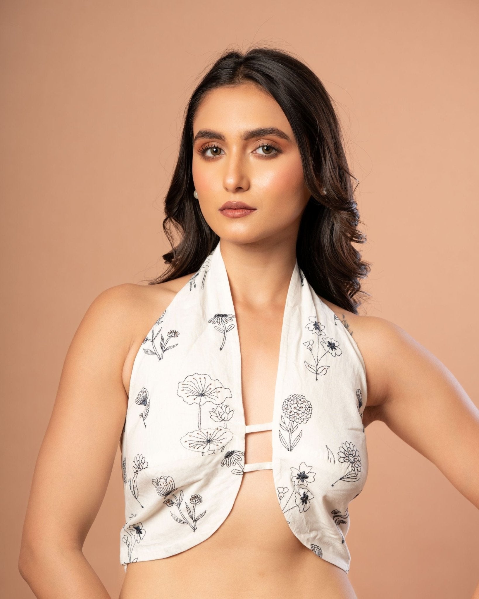 White Halter Neck Blouse with Black Floral Embroidered work - Anvi Couture