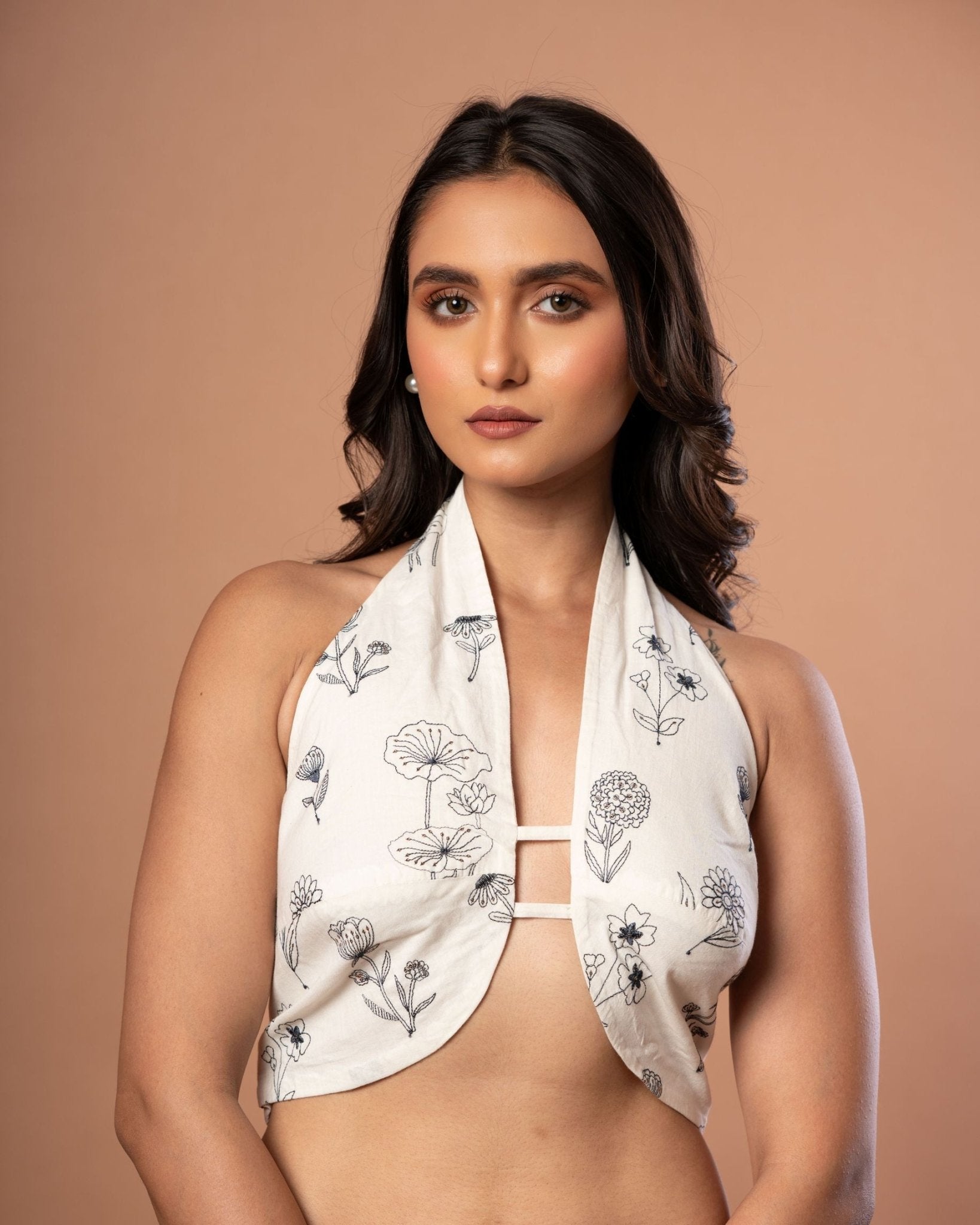 White Halter Neck Blouse with Black Floral Embroidered work - Anvi Couture