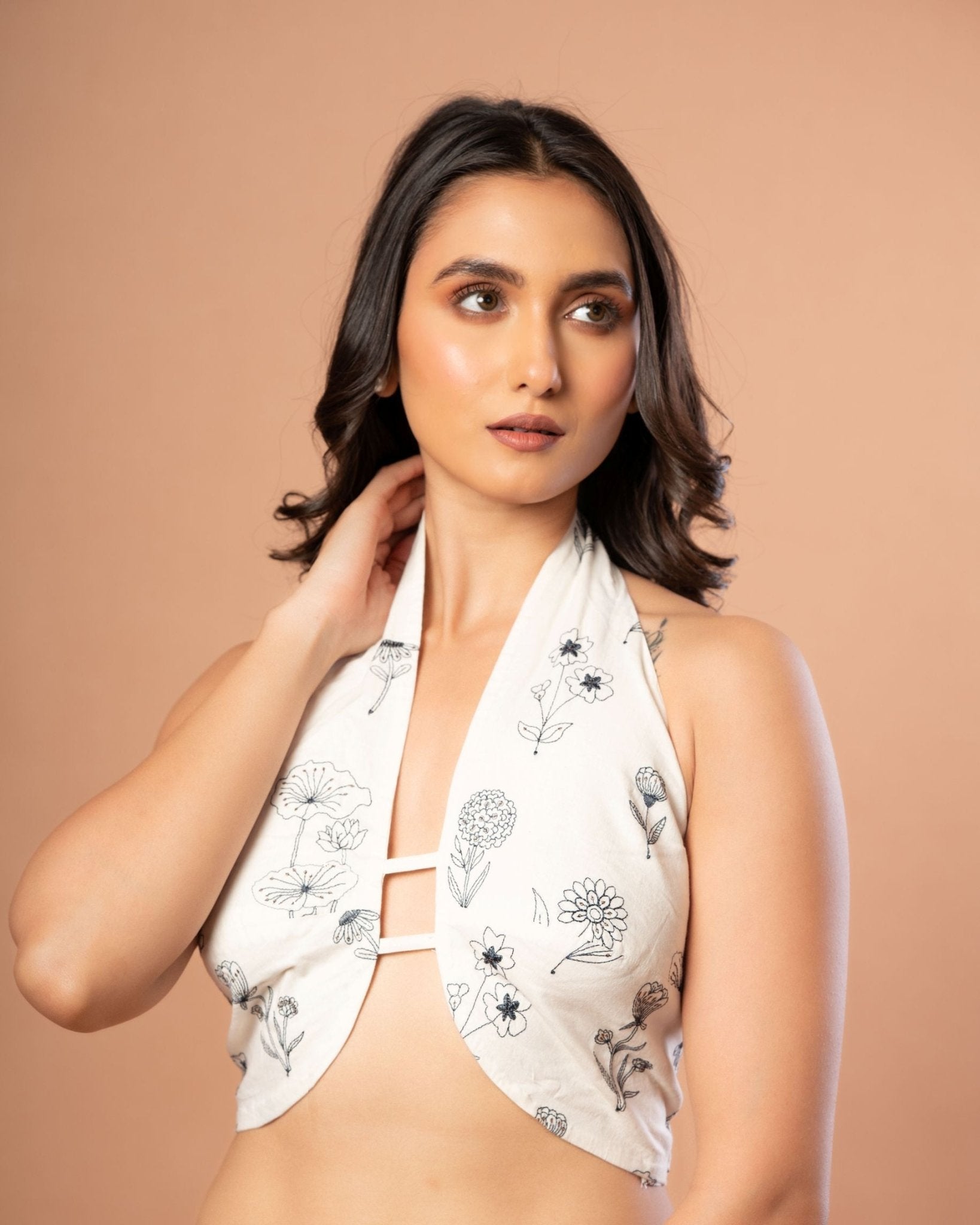 White Halter Neck Blouse with Black Floral Embroidered work - Anvi Couture