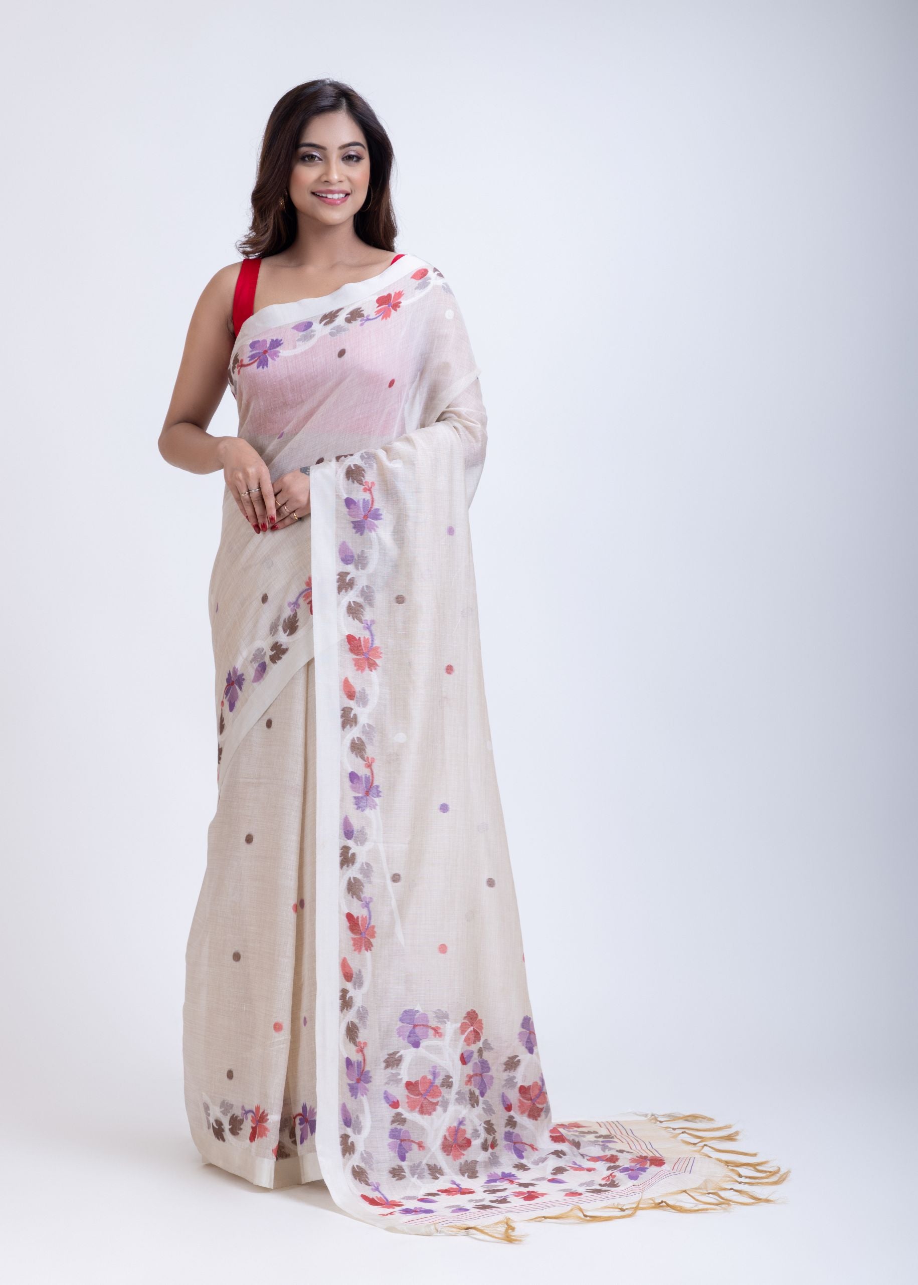 White Handloom Jamdani Saree with Multicolor Floral Weave Full
