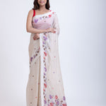White Handloom Jamdani Saree with Multicolor Floral Weave Front
