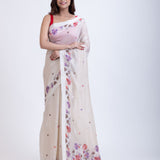 White Handloom Jamdani Saree with Multicolor Floral Weave Front
