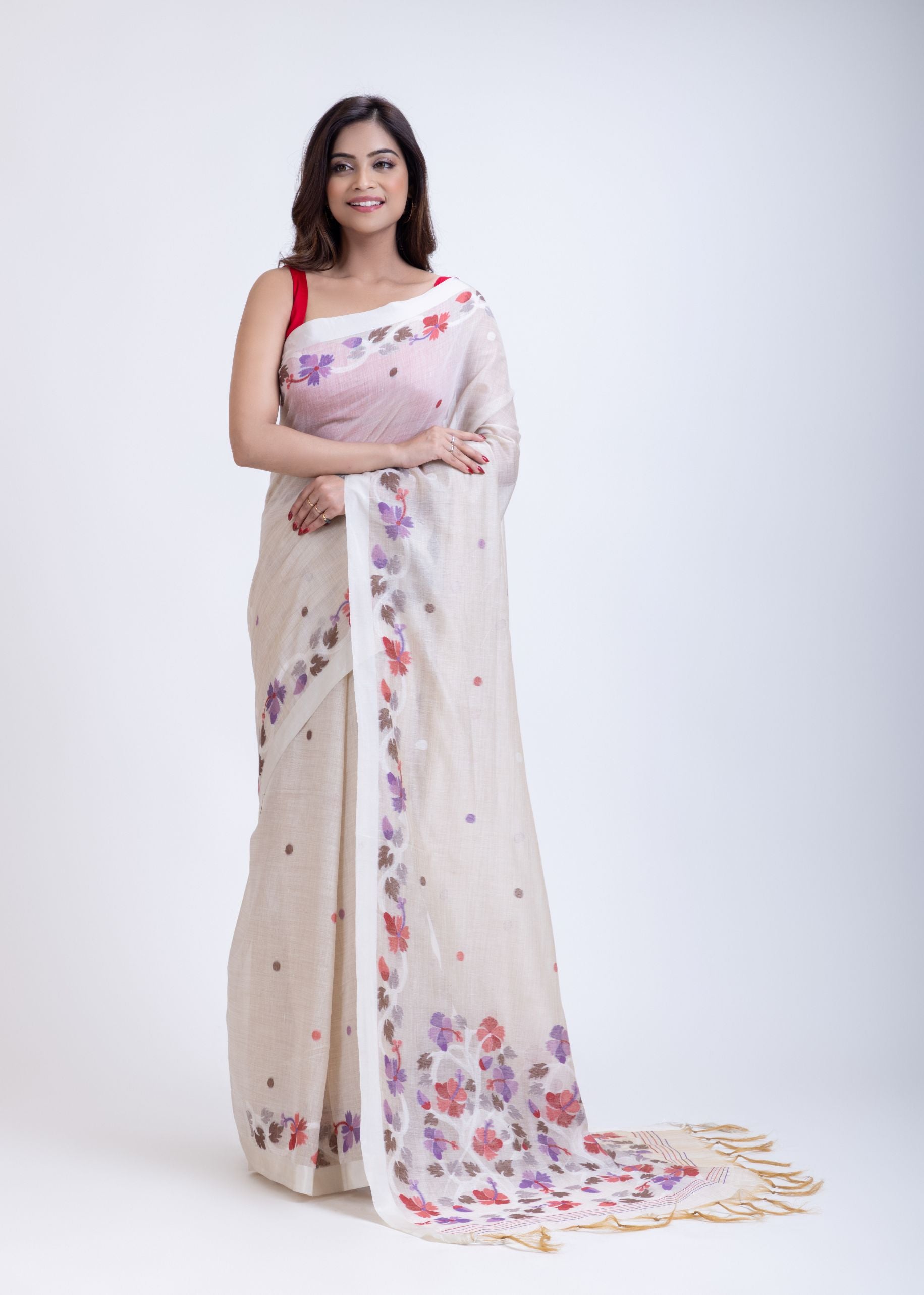 White Handloom Jamdani Saree with Multicolor Floral Weave Front
