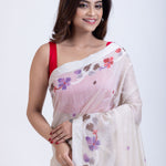 White Handloom Jamdani Saree with Multicolor Floral Weave Close Up
