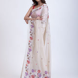 White Handloom Jamdani Saree with Multicolor Floral Weave Back
