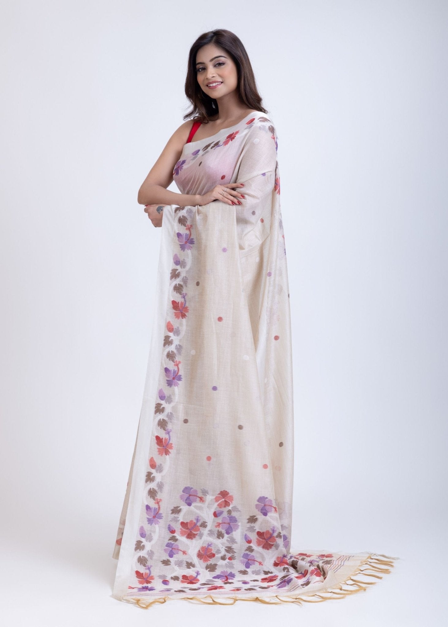 White Handloom Jamdani Saree with Multicolor Floral Weave - Anvi Couture