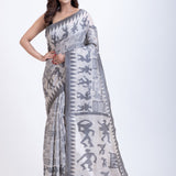 White Handwoven Jamdani Saree with Black Artistic Design Full