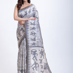 White Handwoven Jamdani Saree with Black Artistic Design Front
