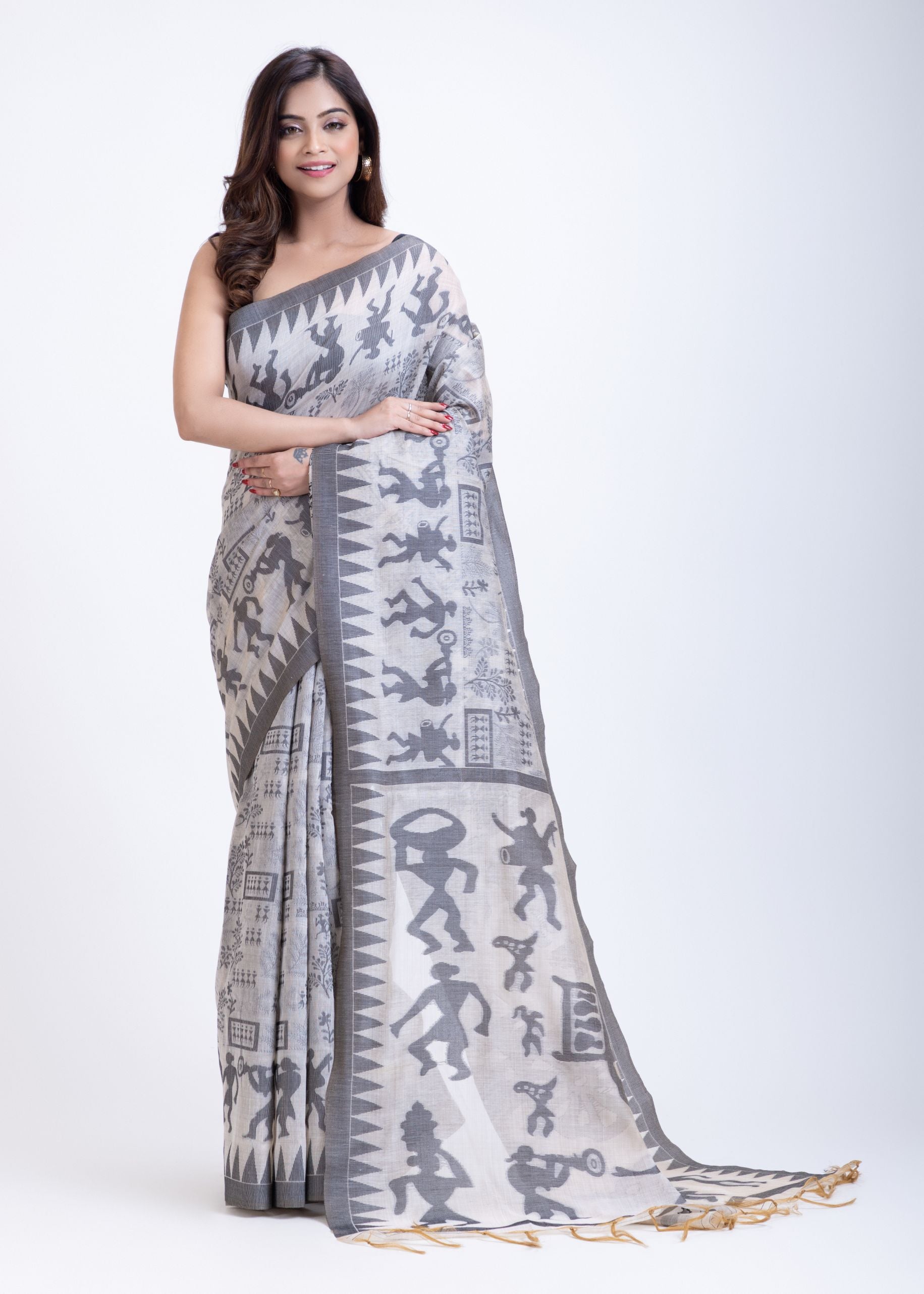 White Handwoven Jamdani Saree with Black Artistic Design Front