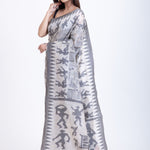 White Handwoven Jamdani Saree with Black Artistic Design Back