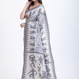 White Handwoven Jamdani Saree with Black Artistic Design Back