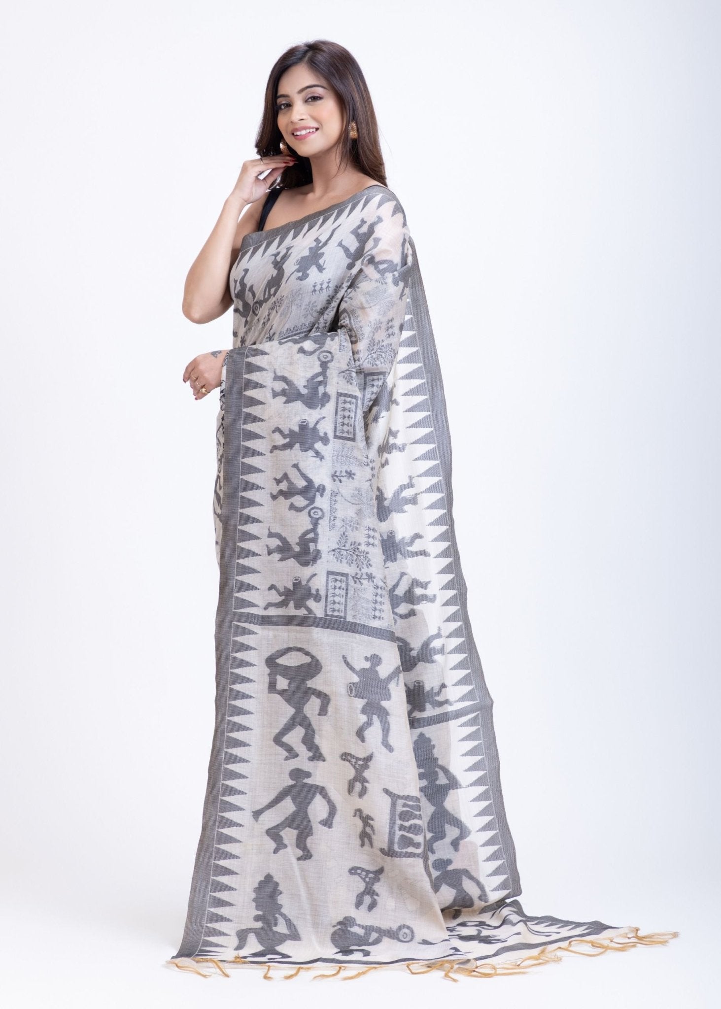 White Handwoven Jamdani Saree with Black Artistic Design - Anvi Couture
