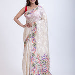 White Jacquard Floral Handloom Jamdani Saree Full

