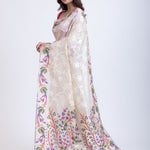 White Jacquard Floral Handloom Jamdani Saree Front
