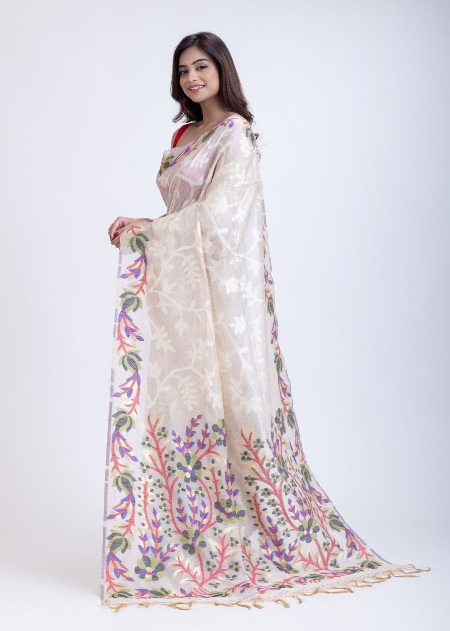 White Jacquard Floral Handloom Jamdani Saree - Anvi Couture