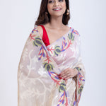 White Jacquard Floral Handloom Jamdani Saree Front
