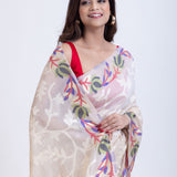 White Jacquard Floral Handloom Jamdani Saree Front
