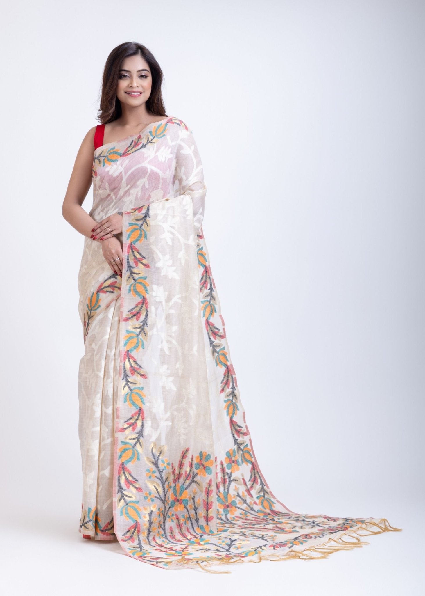 White Jacquard Multicolor Floral Weave Handloom Jamdani - Anvi Couture