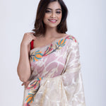 White Jacquard Multicolor Floral Weave Handloom Jamdani  Close Up
