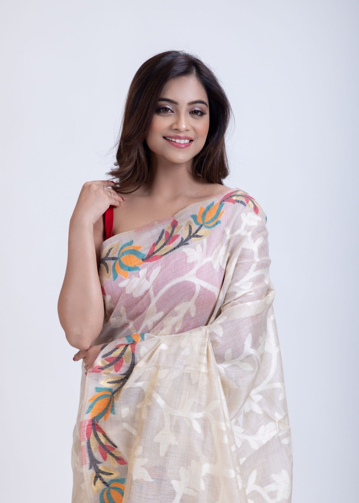 White Jacquard Multicolor Floral Weave Handloom Jamdani - Anvi Couture